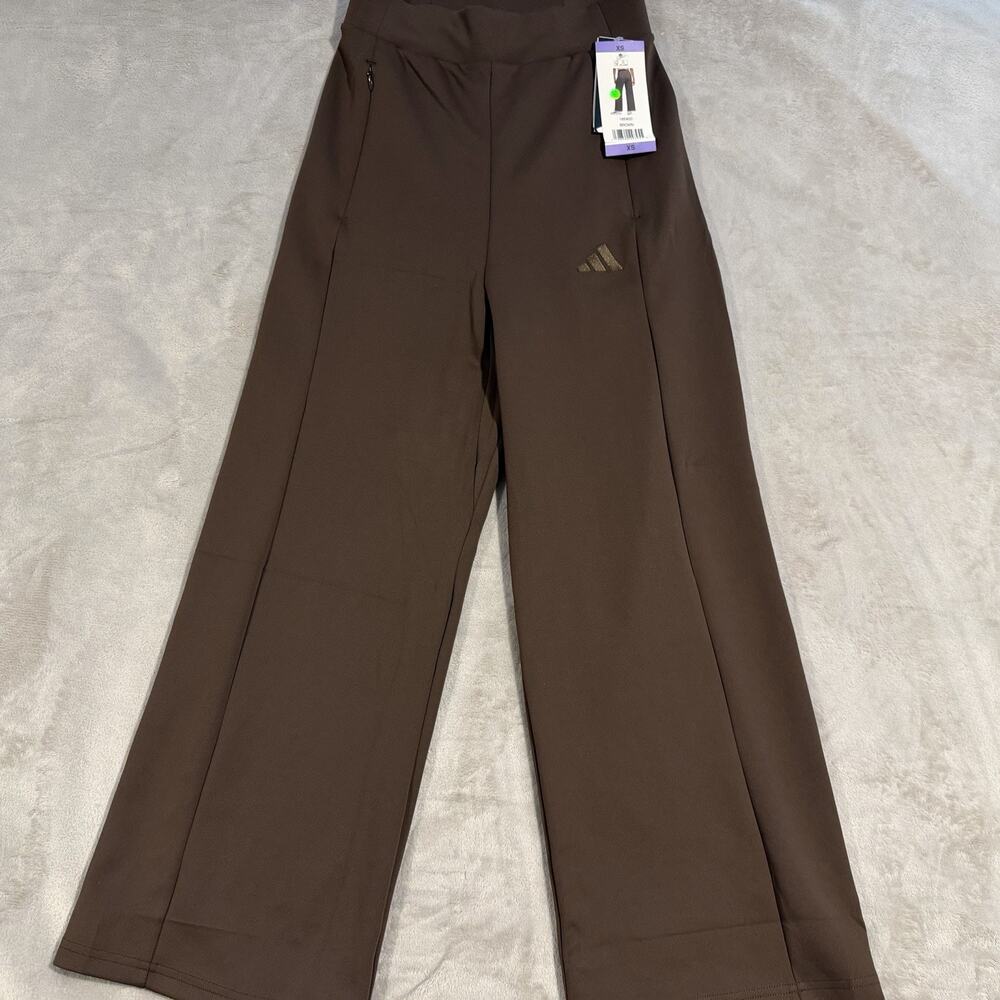 NWT Adidas Wide Leg Womens XS Pants Activewear Brown Zip Pockets Pull Up